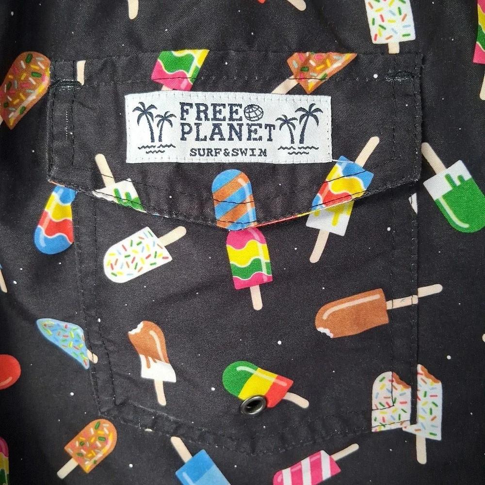 Free Planet Surf Y Swim Trunks Mens Medium Black Popsicle AOP Lined Drawstring